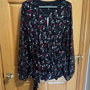 White House Black Market Black Blouse with Red and White Floral Design